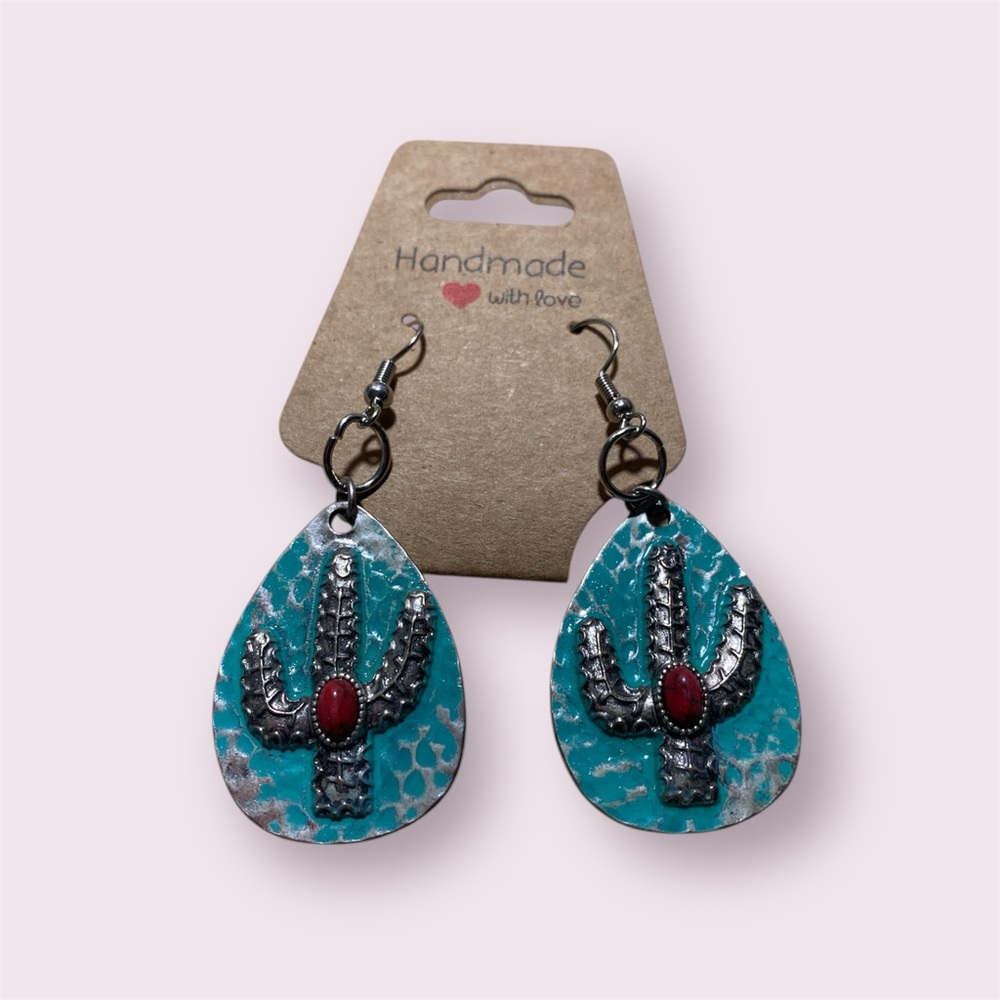 Hand Crafted Turquoise and Red Cactus Earrings